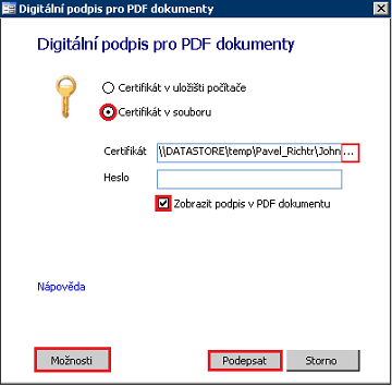 Dialog Digitální podpis pro PDF dokumenty
