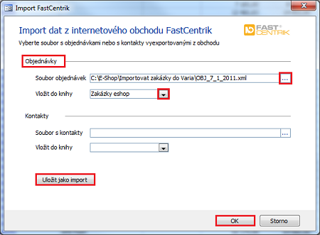 Dialog Průvodce Import FastCentrik - výběr XML souborů