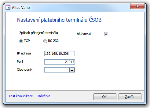 Dialog Nastavení platebního terminálu ČSOB s fiktivními hodnotami (TCP)