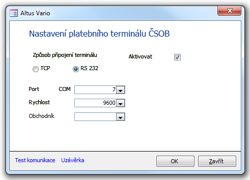 Dialog Nastavení platebního terminálu ČSOB s fiktivními hodnotami (RS 232)