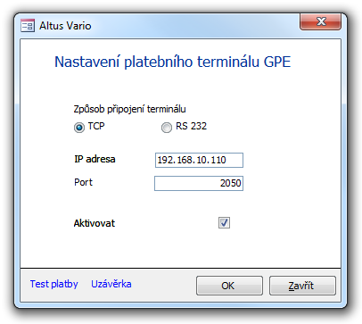 Dialog Nastavení platebního terminálu GPE s fiktivními hodnotami (TCP)