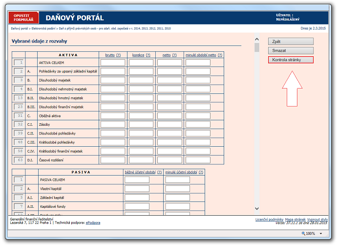 Elektronický formulář Rozvaha v prostředí Daňového portálu