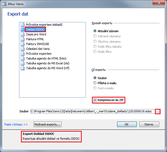 Dialog Export dat - doklad ISDOC