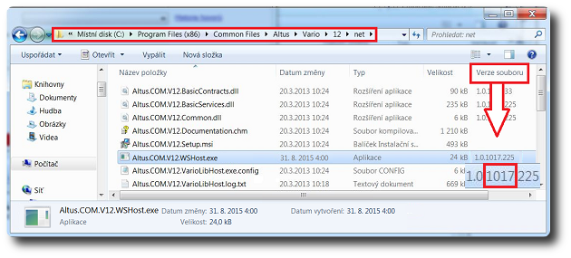 Umístění, ve kterém je instalována služba AVIS a zobrazení verze souboru