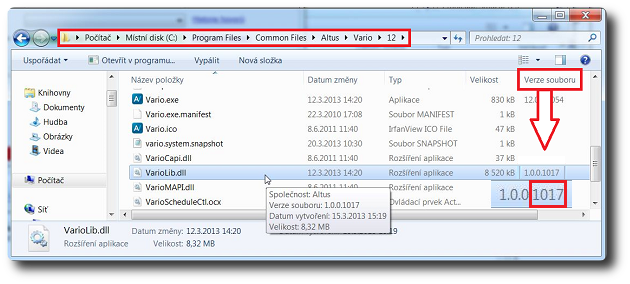 Umístění, ve kterém je instalovaná společná složka aplikace Vario a zobrazení verze souboru