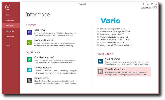 Úvodní obrazovka Vario (moderní vzhled) a nabídka karty Informace: Vyhledat aktualizace