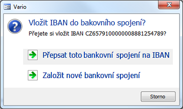 Vygenerovaný IBAN přepíše bankovní spojení na IBAN, nebo založí nové bankovní spojení