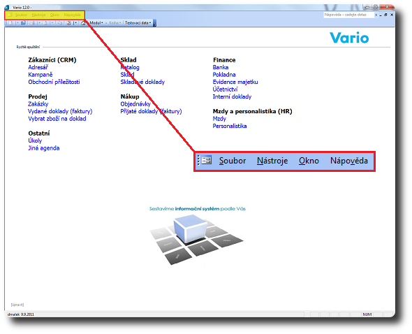 Panel nabídek (menu) v klasickém vzhledu aplikačního okna programu Vario