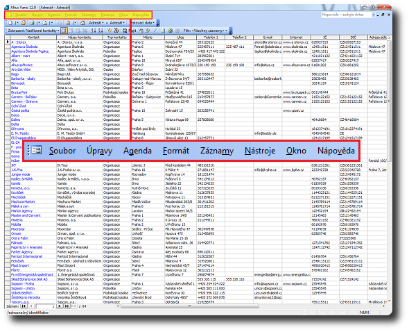 Panel nabídek (menu) při zobrazení základního pohledu na data záznamů v konkrétní agendě