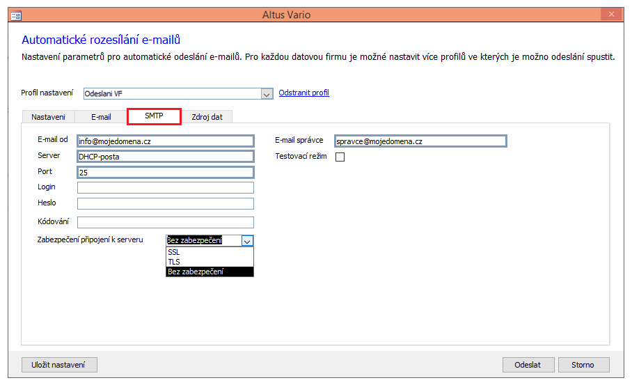Dialog Automatické rozesílání e-mailů na kartě SMTP
