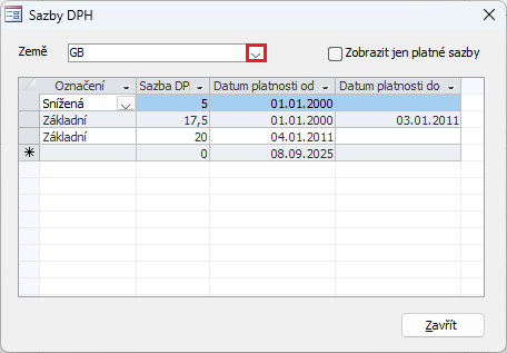 V číselníku DPH se pro každý stát vyplní odpovídající sazby DPH