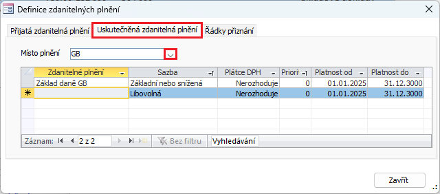V nastavení zdanitelných plnění se uvedou plnění, která je uživatel povinen v dané zemi vykazovat