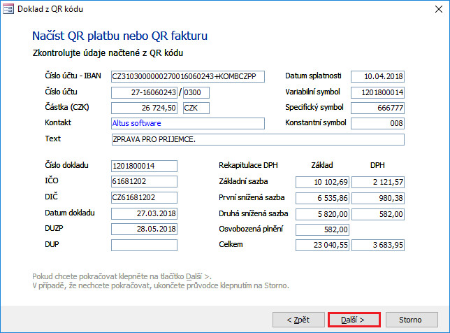 Dialog doplňku Doklad z QR kódu zobrazí všechny načtené informace pouze pro kontrolu (příklad dat pro formát QR-Faktura nebo QR-Platba+Faktura)