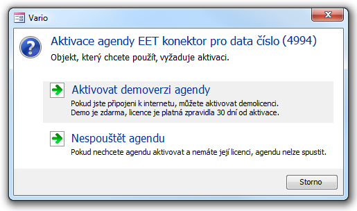 Příklad dialogu aktivace agendy EET pro konkrétní data