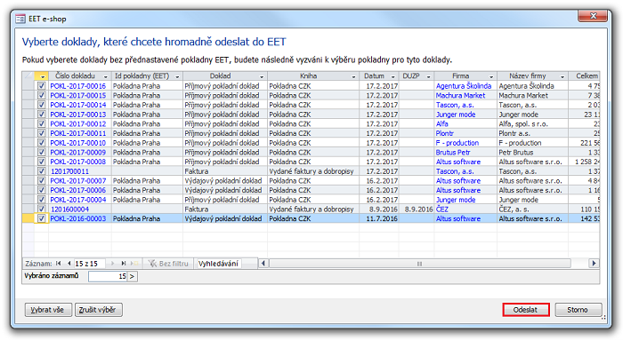Dialog doplňku EET e-shop, pomocí kterého odešlete vybrané doklady do EET najednou