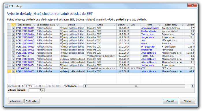 Dialog nového doplňku EET e-shop, pomocí kterého odešlete vybrané doklady do EET najednou