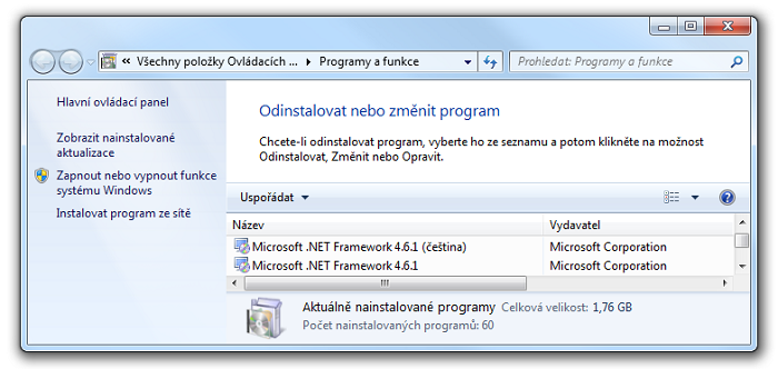 Verzi rozhraní Microsoft .NET Framework ověříte v okně Odinstalovat nebo změnit program
