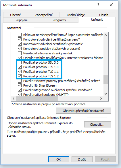 Nastavení TLS v prohlížeči Internet Explorer (Windows 10)