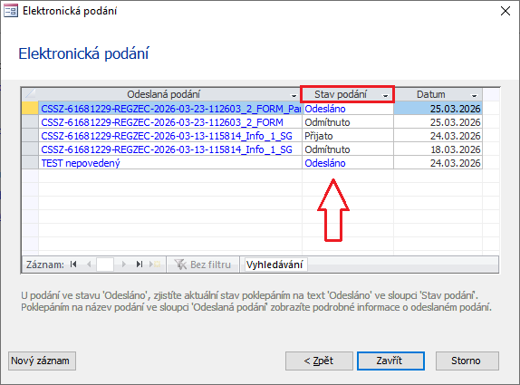 Dialog Elektronická podání s podáním Registrace zaměstnance ve stavu Odesláno. Snímek obrazovky je ilustrační.
