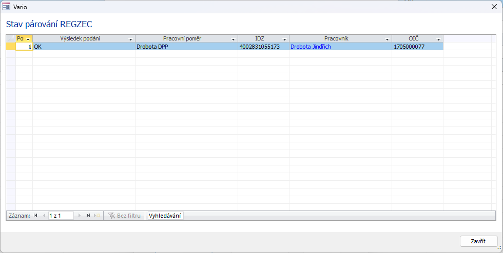 Dialog Stav párování REGZEC po úspěšném spárování záznamu. Snímek obrazovky je ilustrační.