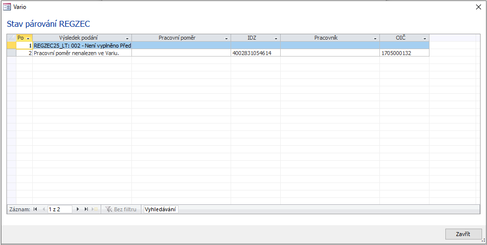 Dialog Stav párování REGZEC s výsledkem, kdy se záznam nepodařilo spárovat nebo nebyl přijat. Snímek obrazovky je ilustrační.