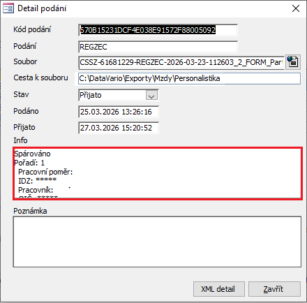 Detail podání po provedeném párování identifikátorů. Snímek obrazovky je ilustrační.