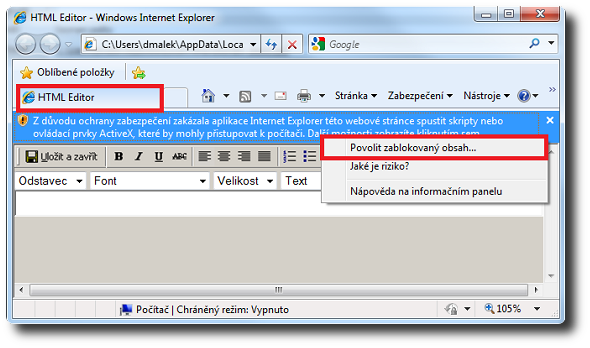  HTML editor vyžaduje MS Internet Explorer