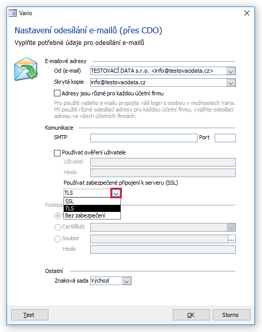 Protokol TLS pro zabezpečení mailové komunikace vyberete v dialogu Nastavení odesílání e-mailů (přes CDO)