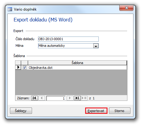Doplněk Export dokladu (MS Word) a šablona Objednavka.dot
