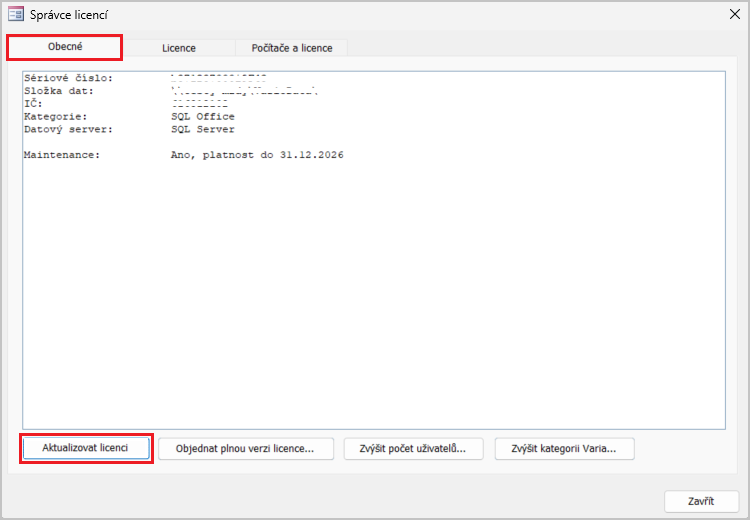 Správce licencí s volbou Aktualizovat licenci po aktivaci doplňku Správce licencí s volbou Aktualizovat licenci po aktivaci doplňku