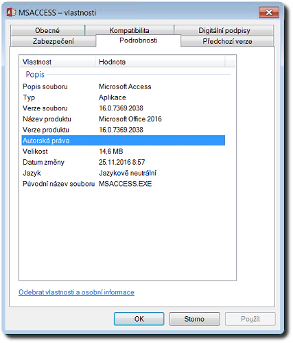 Dialog MSACCESS – vlastnosti a verze souboru 16.0.7369.2038