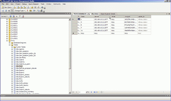Tabulka dbo.Data v databázi firmy přímo na SQL serveru.