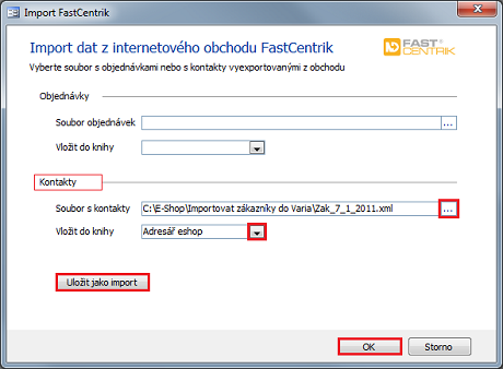 Dialog Průvodce Import FastCentrik - výběr XML souborů