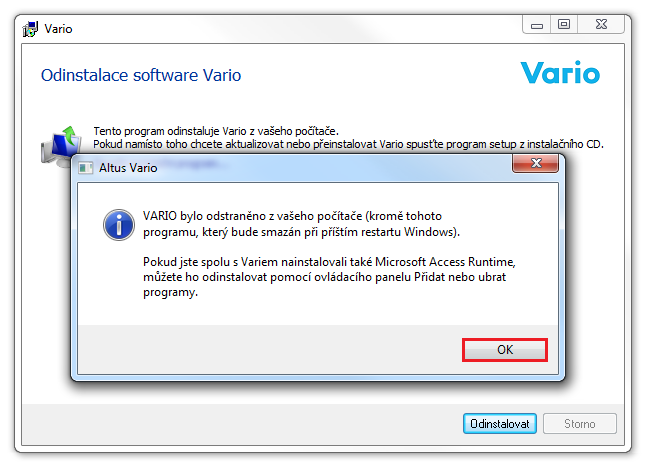 Zpráva odinstalátoru o odstranění software Vario
