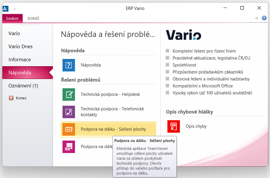 V moderním vzhledu Vario na kartě Soubor/Nápověda klepněte na příkaz Podpora na dálku – Sdílení plochy