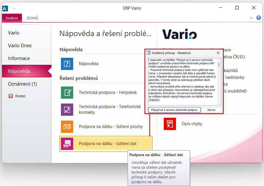 Podpora na dálku – Sdílení dat