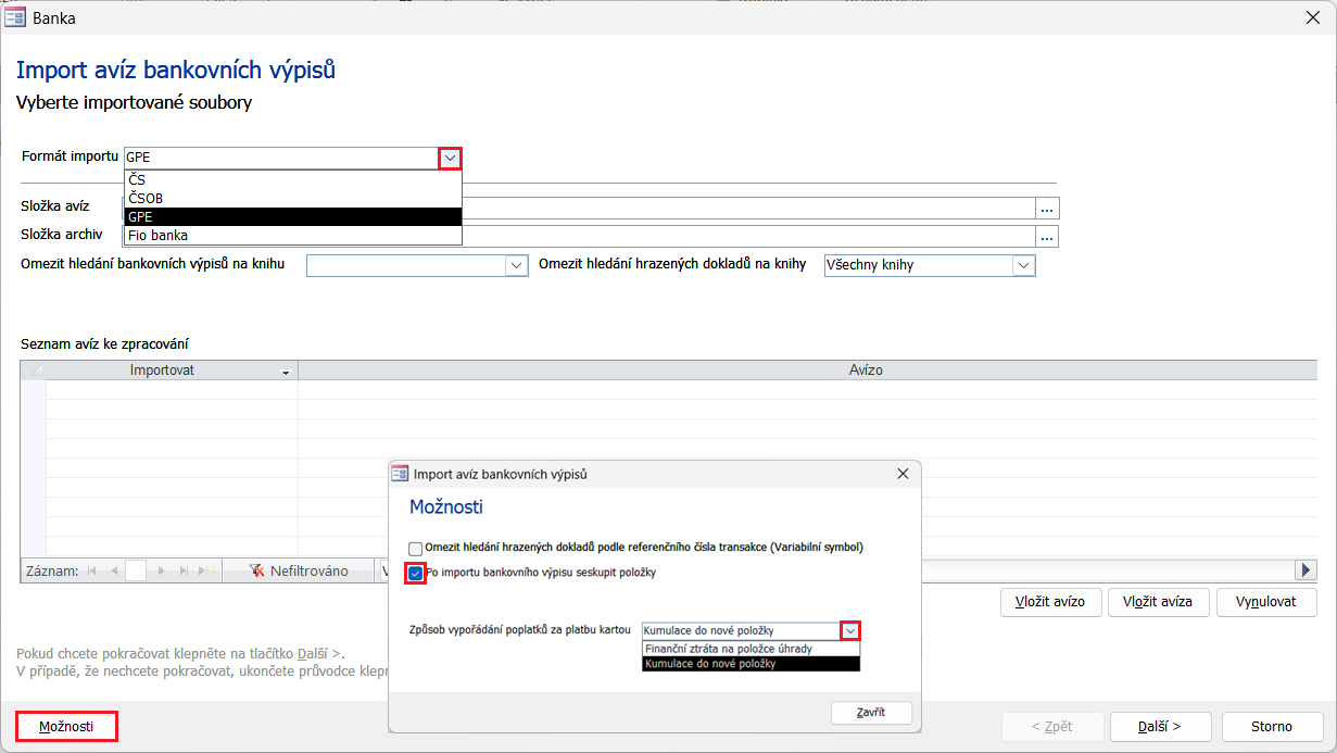 Možnosti doplňku Import avíz bankovních výpisů – nastavení způsobu vypořádání poplatků a párování transakcí Možnosti doplňku Import avíz bankovních výpisů – nastavení způsobu vypořádání poplatků a párování transakcí