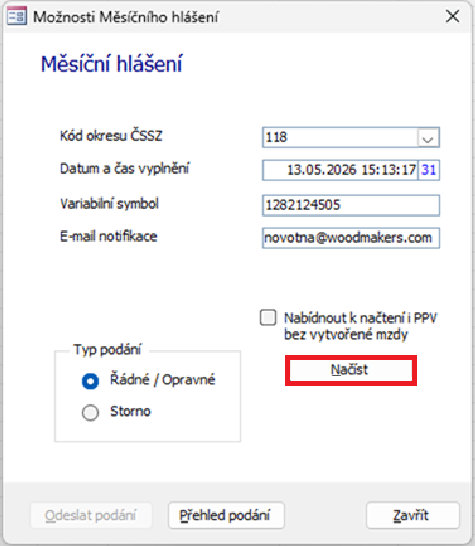 Formulář slouží ke spuštění načtení údajů měsíčního hlášení. Zadejte požadované parametry a spusťte načtení. Formulář slouží ke spuštění načtení údajů měsíčního hlášení. Zadejte požadované parametry a spusťte načtení.