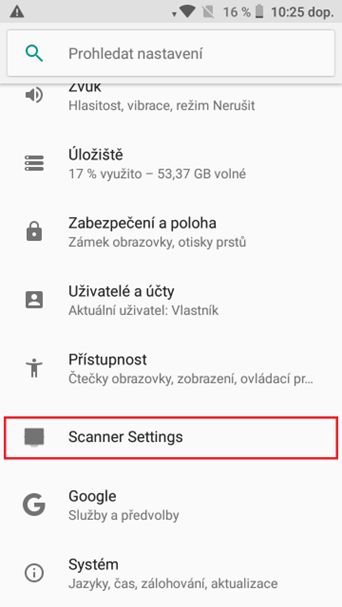 1. V Nastavení systému Android klepnutím otevřete sekci Scanner Settings