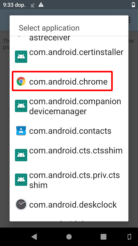 6. Vyhledat aplikaci Chrome – com.android.chrome a kliknout na ni