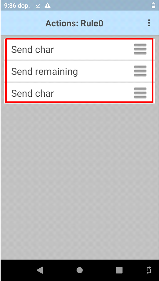 20. Pořadí akcí přeskládat na Send char, Send remaining, Send char.  