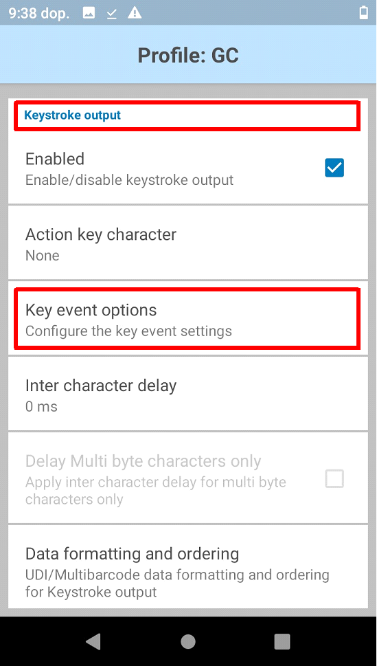 21. Vrátit se do nabídky a v části Keystroke output zvolit volbu Key event options