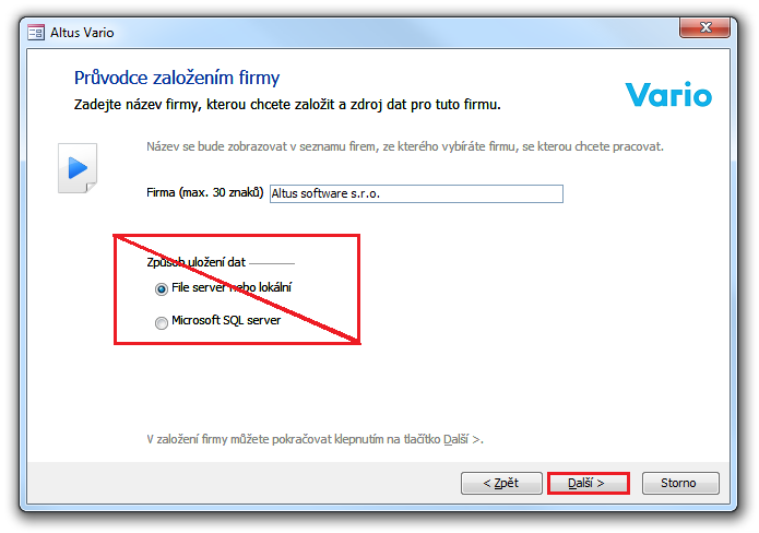 Volby „Způsob uložení dat” byly v průvodci založením firmy odstraněny