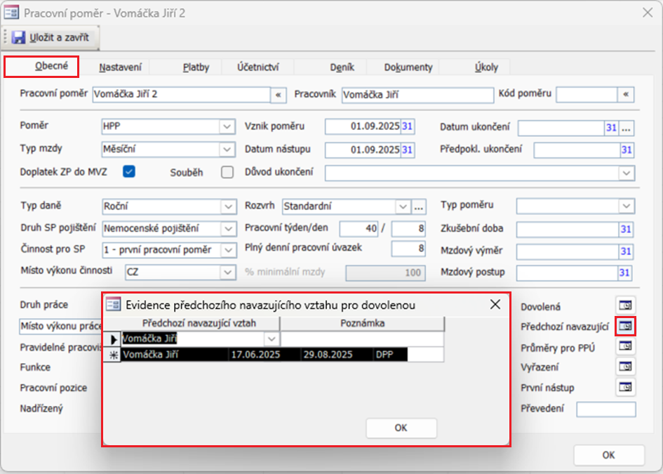 Detail pracovního poměru na kartě Obecné a dialog Evidence předchozího navazujícího vztahu pro dovolenou