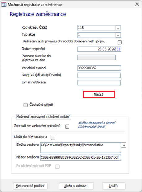Dialogy Možnosti registrace zaměstnance
