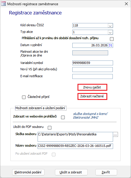 Dialogy Možnosti registrace zaměstnance