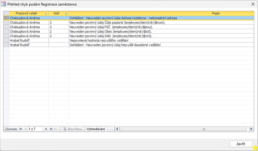 Přehled chyb podání Registrace zaměstnance