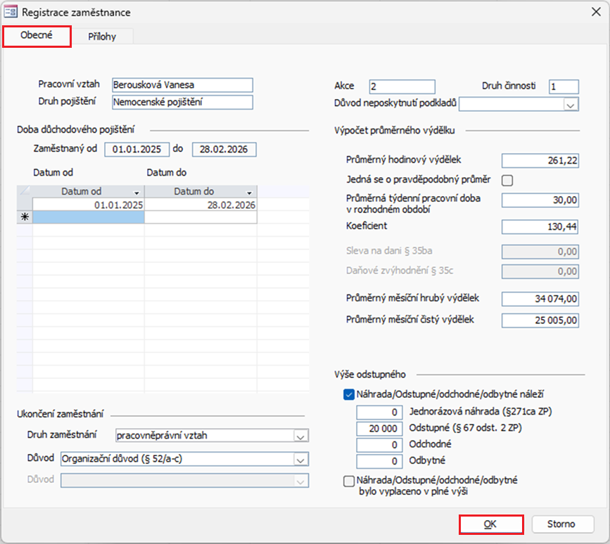 Dialog Registrace zaměstnance