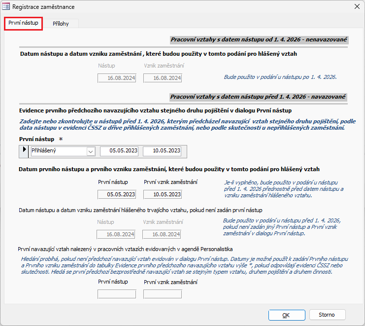 Dialog Registrace zaměstnance
