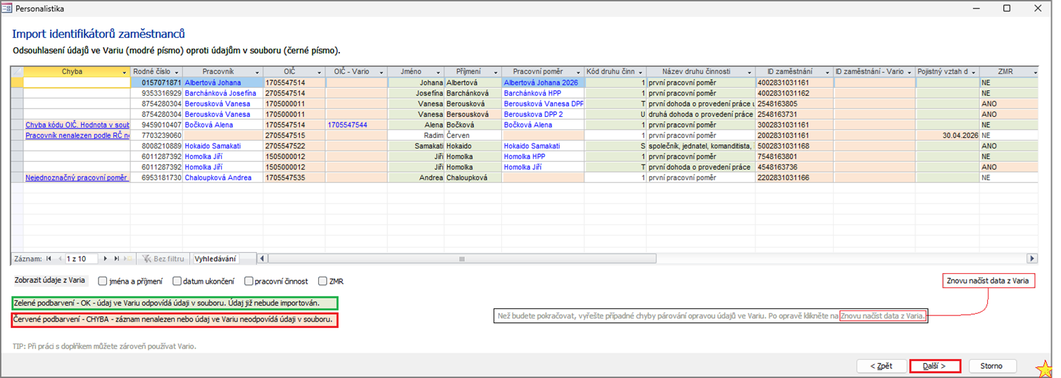 Výsledek automatického párování, tedy stav před klepnutím na „Dokončit”. Importovat se budou identifikátory z řádků bez chyby.